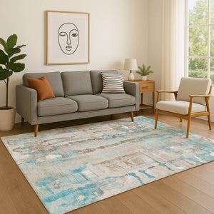 HomeRoots 9' X 12' Teal and Ivory Abstract Area Rug - Washable, UV Protected, Stain-Resistant for Modern Homes 718531