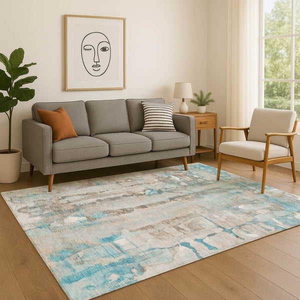 HomeRoots 9' X 12' Teal and Ivory Abstract Area Rug - Washable, UV Protected, Stain-Resistant for Modern Homes 718531