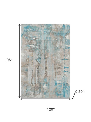HomeRoots 9' X 12' Teal and Ivory Abstract Area Rug - Washable, UV Protected, Stain-Resistant for Modern Homes 718531