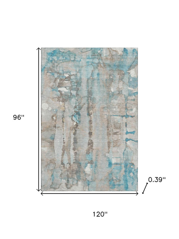 HomeRoots 9' X 12' Teal and Ivory Abstract Area Rug - Washable, UV Protected, Stain-Resistant for Modern Homes 718531