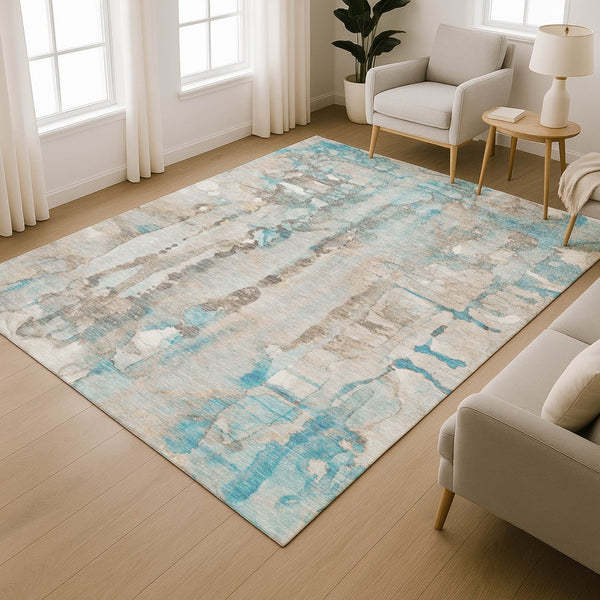 HomeRoots 9' X 12' Teal and Ivory Abstract Area Rug - Washable, UV Protected, Stain-Resistant for Modern Homes 718531