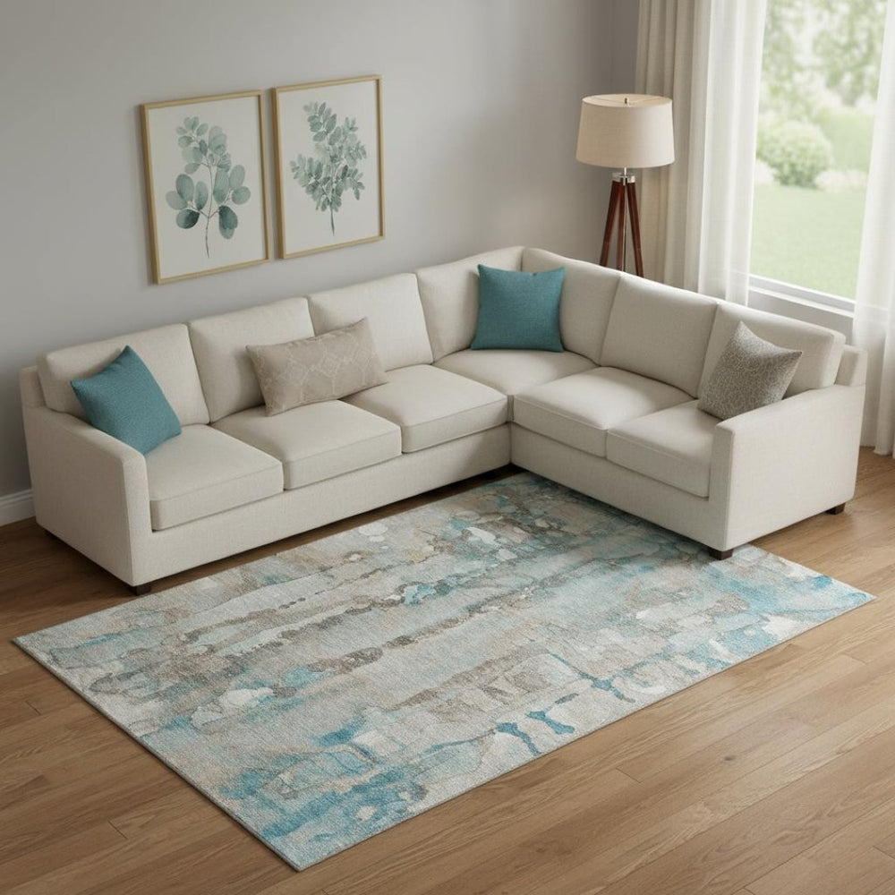 HomeRoots 9' X 12' Teal and Ivory Abstract Area Rug - Washable, UV Protected, Stain-Resistant for Modern Homes 718531