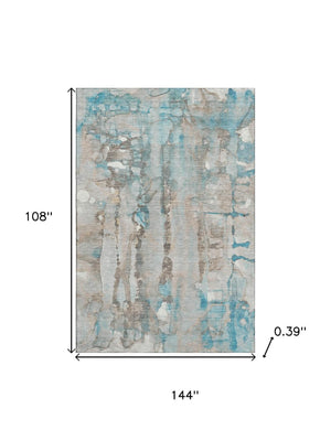 HomeRoots 10' X 14' Teal And Ivory Abstract Area Rug - Machine Washable, UV Protected, Perfect for Busy Homes 718532