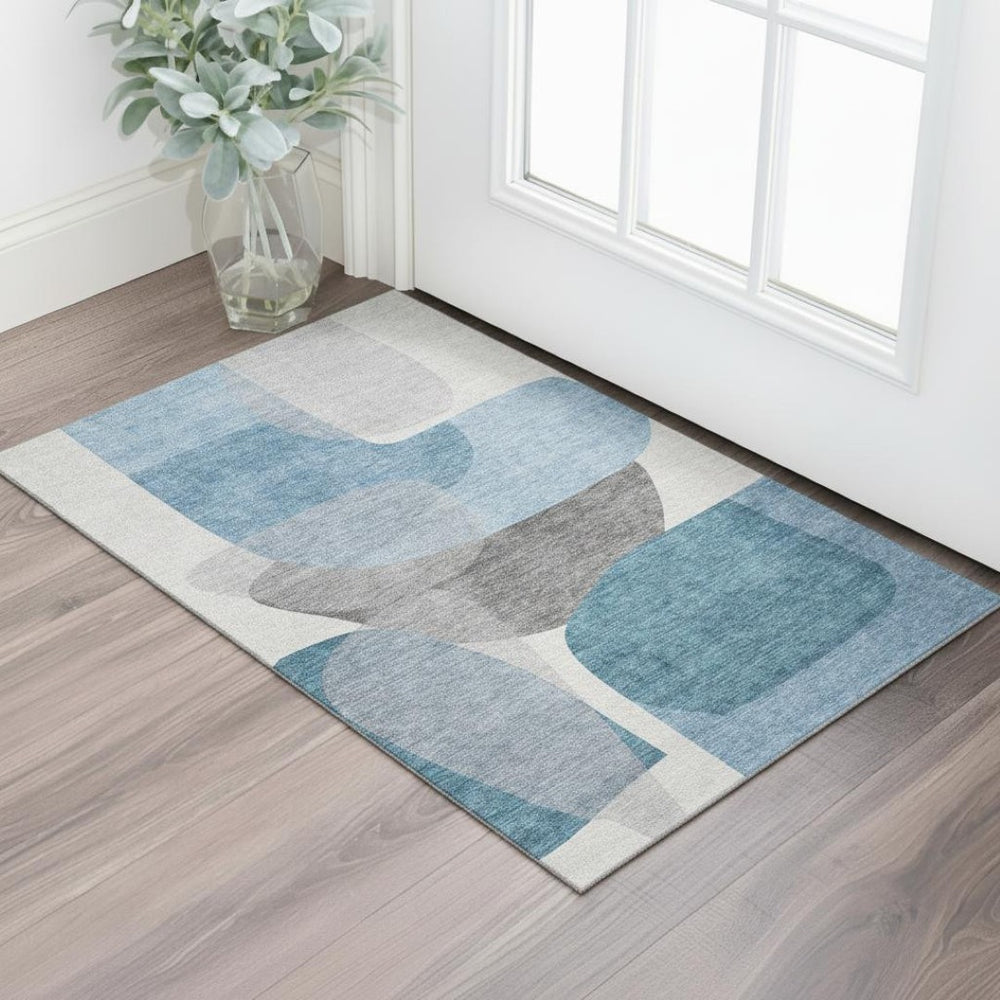 HomeRoots 5' X 8' Denim Blue & Gray Abstract Washable Area Rug – Durable, UV-Protected, Modern Design for Homes 718534