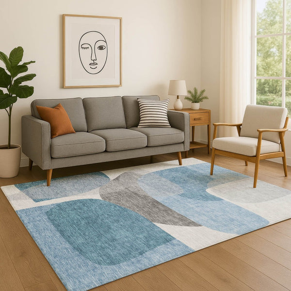 HomeRoots 8' Denim Blue and Gray Abstract Round Rug – Washable, UV-Protected, Perfect for Homes with Kids & Pets! 718535