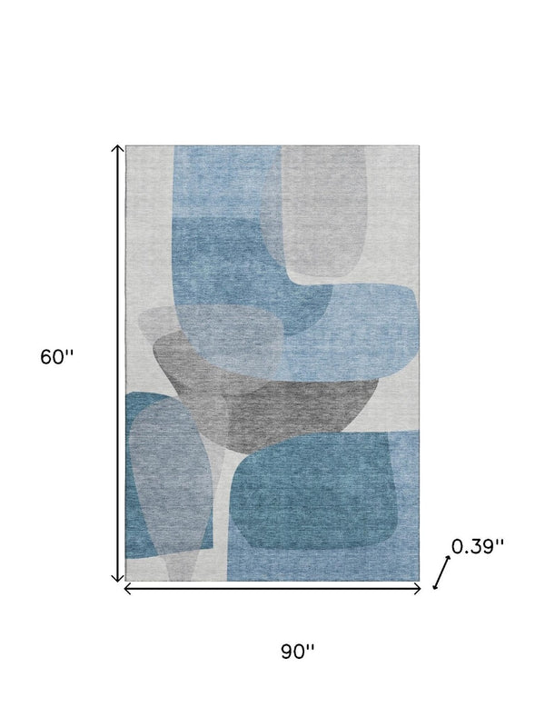 HomeRoots 8' Denim Blue and Gray Abstract Round Rug – Washable, UV-Protected, Perfect for Homes with Kids & Pets! 718535