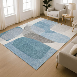 HomeRoots 8' Denim Blue and Gray Abstract Round Rug – Washable, UV-Protected, Perfect for Homes with Kids & Pets! 718535