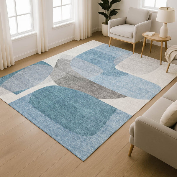 HomeRoots 8' Denim Blue and Gray Abstract Round Rug – Washable, UV-Protected, Perfect for Homes with Kids & Pets! 718535