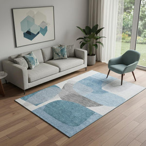 HomeRoots 8' Denim Blue and Gray Abstract Round Rug – Washable, UV-Protected, Perfect for Homes with Kids & Pets! 718535