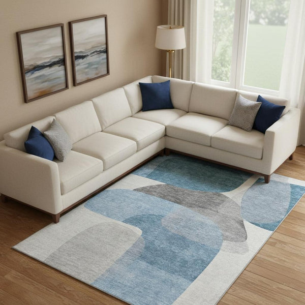 HomeRoots 10' X 14' Denim Blue & Gray Abstract Area Rug - Washable, UV Protected, Family & Pet Friendly! 718538