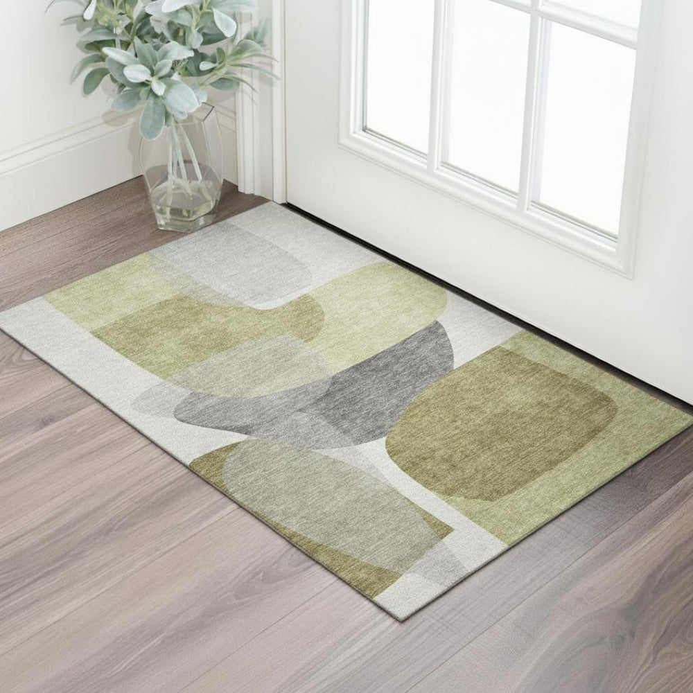 HomeRoots 5' X 8' Contemporary Fern Green Gray Abstract Area Rug - Washable, UV-Protected, Durable Design 718540