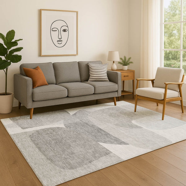 HomeRoots 5' X 8' Modern Linen and Gray Abstract Area Rug - Washable, UV Protected, Non-Slip, Pet Friendly! 718547