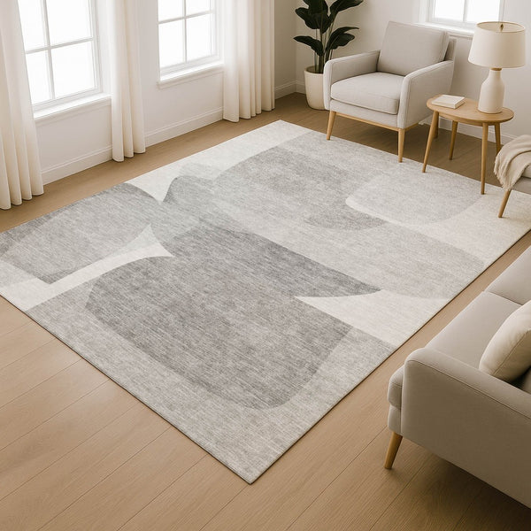 HomeRoots 5' X 8' Modern Linen and Gray Abstract Area Rug - Washable, UV Protected, Non-Slip, Pet Friendly! 718547
