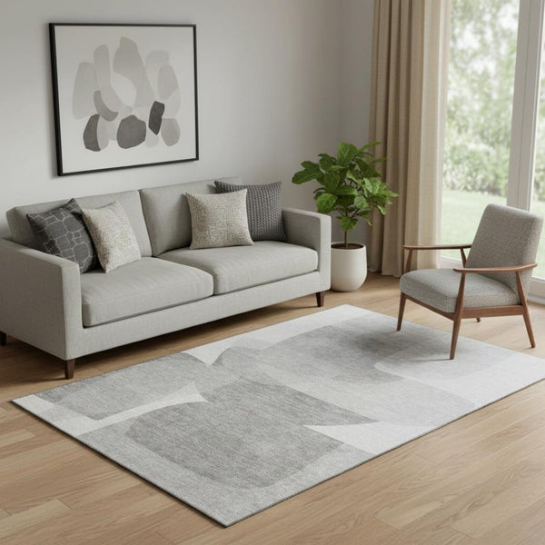 HomeRoots 8' Linen and Gray Abstract Round Rug - Washable, UV-Protected, Perfect for High-Traffic Areas! 718548