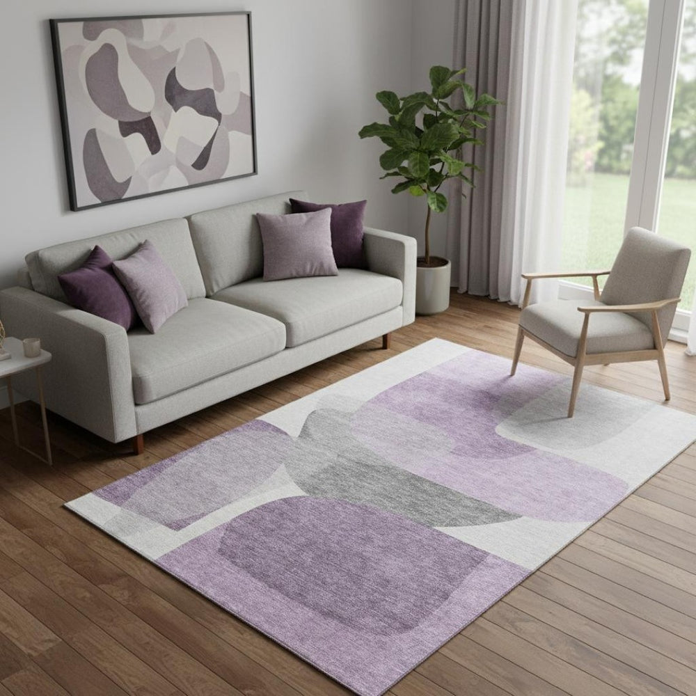 HomeRoots 8' Modern Purple & Charcoal Abstract Washable Round Rug with UV Protection for Stylish Homes 718566