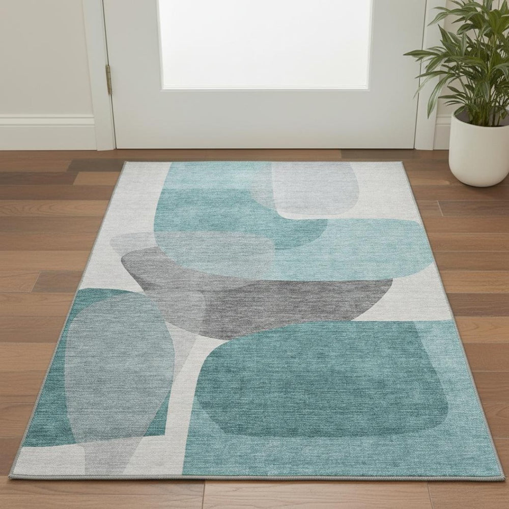 HomeRoots 5' X 8' Teal and Gray Abstract Washable Area Rug - UV Protected, Family-Friendly Style for Any Room 718571