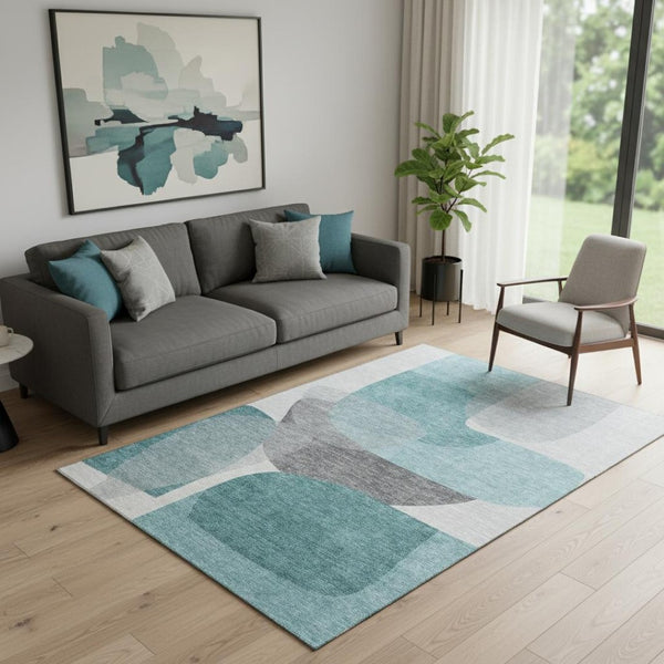 HomeRoots 8' Teal and Gray Abstract Washable Round Rug with UV Protection - Perfect for Homes with Kids & Pets! 718572