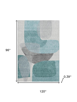 HomeRoots 9' X 12' Teal and Gray Abstract Area Rug - Stylish, Washable, UV-Protected, Non-Slip for High Traffic Areas 718574