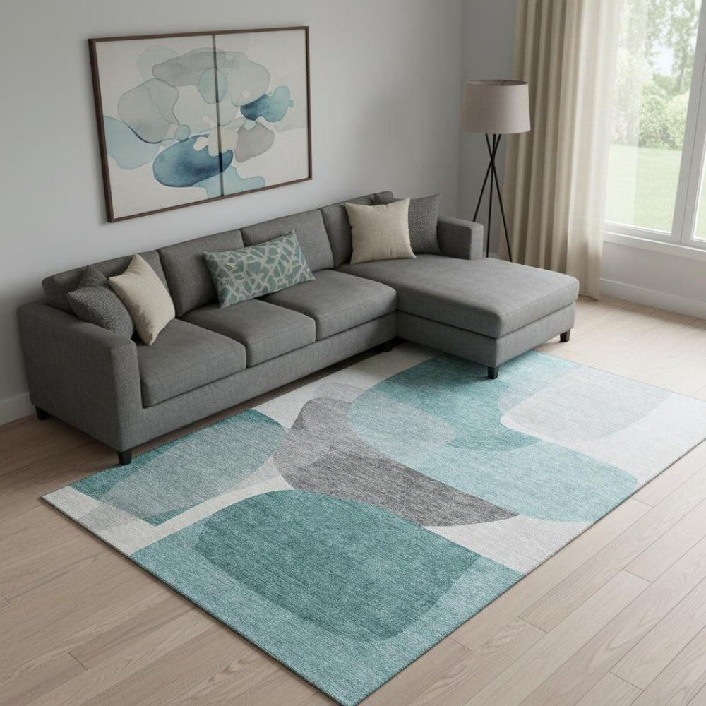 HomeRoots 9' X 12' Teal and Gray Abstract Area Rug - Stylish, Washable, UV-Protected, Non-Slip for High Traffic Areas 718574