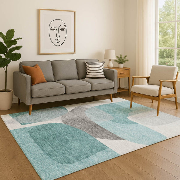 HomeRoots 10' X 14' Teal and Gray Abstract Area Rug - Stylish, Washable, UV-Protected, Durable & Easy Care! 718575