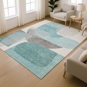 HomeRoots 10' X 14' Teal and Gray Abstract Area Rug - Stylish, Washable, UV-Protected, Durable & Easy Care! 718575