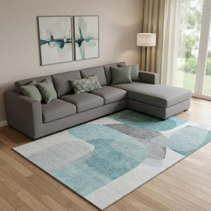 HomeRoots 10' X 14' Teal and Gray Abstract Area Rug - Stylish, Washable, UV-Protected, Durable & Easy Care! 718575