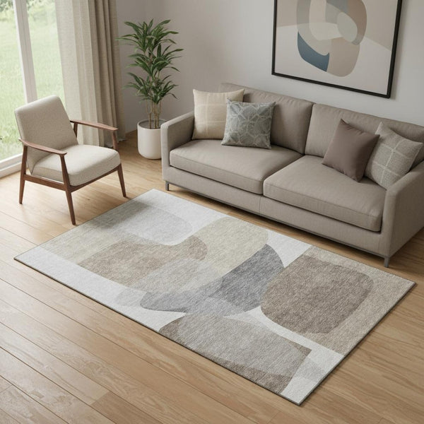 HomeRoots 8' Taupe and Gray Abstract Washable Round Rug with UV Protection for Modern Spaces and Easy Care 718578