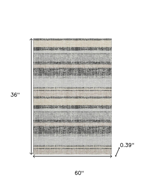 HomeRoots 5' X 8' Stylish Black and Beige Striped Machine-Washable Area Rug with UV Protection & Durability 718583