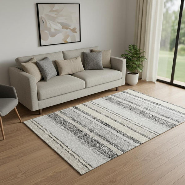 HomeRoots 8' Black and Beige Striped Round Rug – Washable, UV-Protected, Family-Friendly, and Stylish Decor 718584
