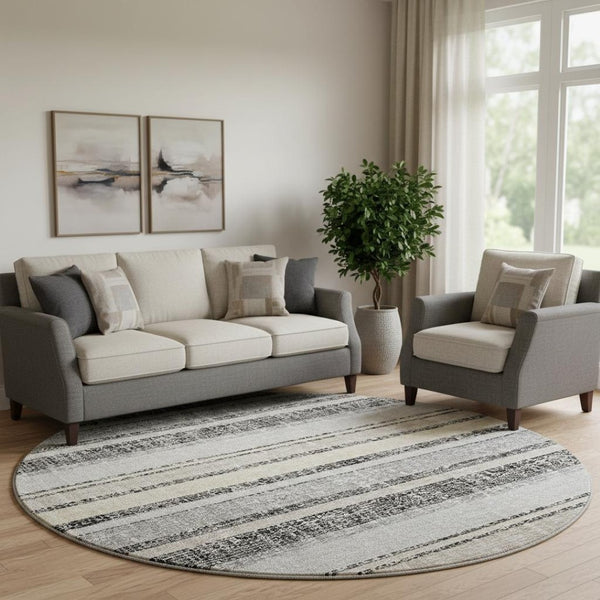 HomeRoots 8' X 10' Striped Washable Area Rug - Durable Black & Beige Design with UV Protection for Homes 718585