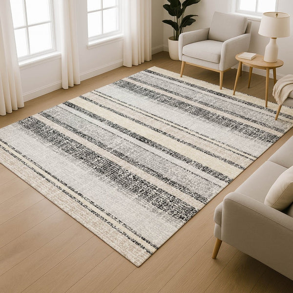 HomeRoots 10' Black and Beige Striped Washable Area Rug - UV Protected, Non-Slip, Durable for Indoor/Outdoor Use 718587