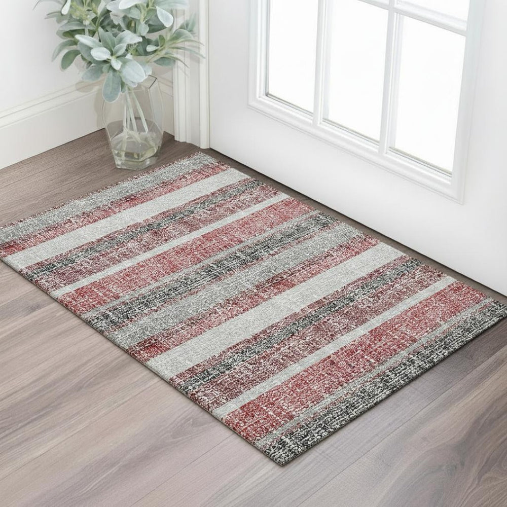 HomeRoots 5' X 8' Burgundy and Gray Striped Area Rug - Washable, Stain-Resistant, UV Protected for Busy Homes 718589