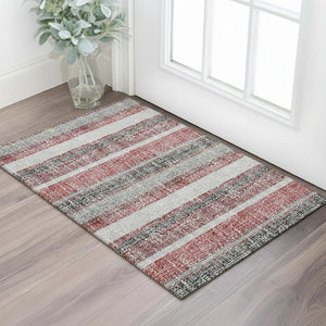 HomeRoots 5' X 8' Burgundy and Gray Striped Area Rug - Washable, Stain-Resistant, UV Protected for Busy Homes 718589