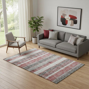 HomeRoots 8' Burgundy and Gray Striped Washable Round Rug - Durable, Stain-Resistant, UV-Protected Design! 718590