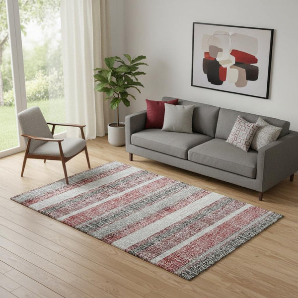 HomeRoots 8' Burgundy and Gray Striped Washable Round Rug - Durable, Stain-Resistant, UV-Protected Design! 718590