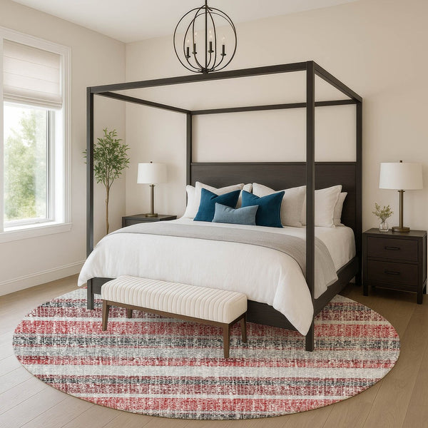 HomeRoots 8' X 10' Burgundy & Gray Striped Washable Area Rug - UV Protected, Kid & Pet Friendly, Stylish Decor 718591