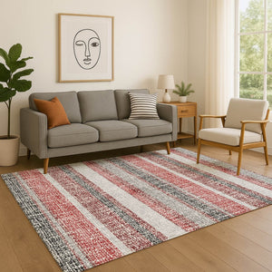 HomeRoots 9' X 12' Striped Burgundy and Gray Area Rug - Washable, Stain Resistant, UV Protected for Home Style 718592