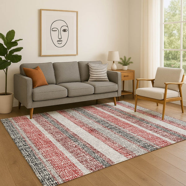 HomeRoots 9' X 12' Striped Burgundy and Gray Area Rug - Washable, Stain Resistant, UV Protected for Home Style 718592