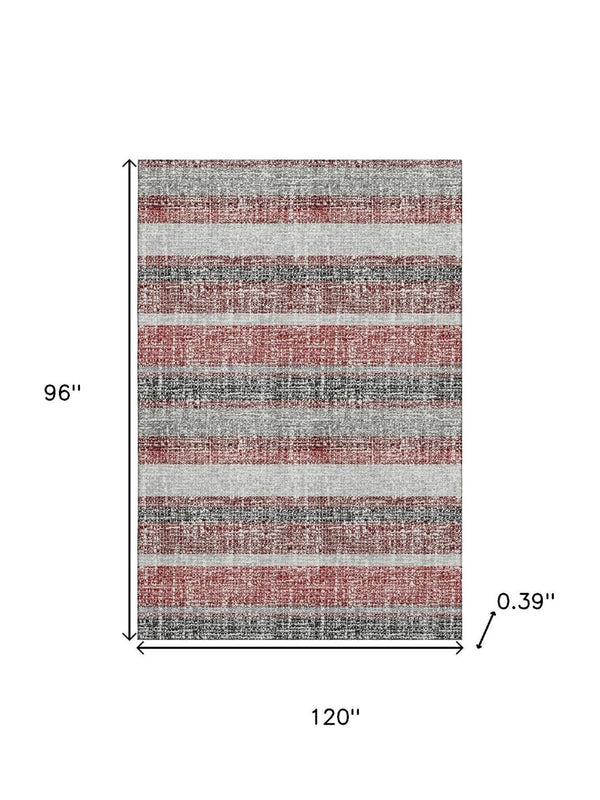 HomeRoots 9' X 12' Striped Burgundy and Gray Area Rug - Washable, Stain Resistant, UV Protected for Home Style 718592