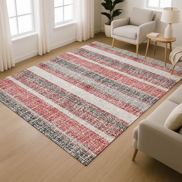 HomeRoots 9' X 12' Striped Burgundy and Gray Area Rug - Washable, Stain Resistant, UV Protected for Home Style 718592