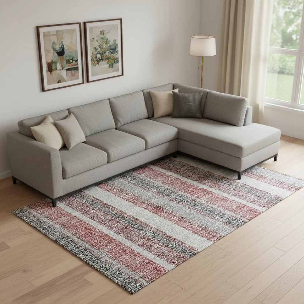 HomeRoots 9' X 12' Striped Burgundy and Gray Area Rug - Washable, Stain Resistant, UV Protected for Home Style 718592