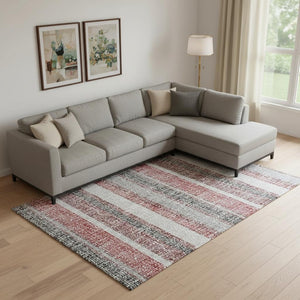 HomeRoots 9' X 12' Striped Burgundy and Gray Area Rug - Washable, Stain Resistant, UV Protected for Home Style 718592