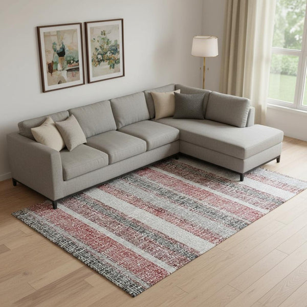 HomeRoots 9' X 12' Striped Burgundy and Gray Area Rug - Washable, Stain Resistant, UV Protected for Home Style 718592