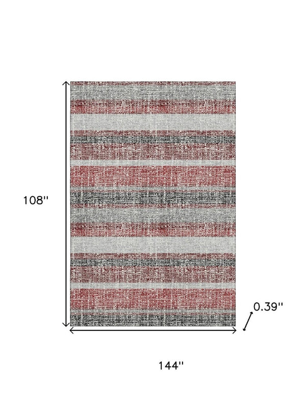HomeRoots 10' Burgundy and Gray Striped Washable Area Rug with UV Protection - Ideal for Homes with Kids & Pets! 718593