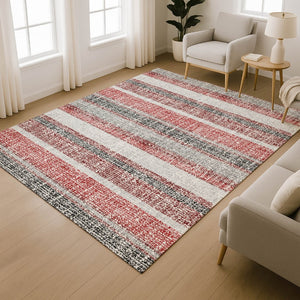 HomeRoots 10' Burgundy and Gray Striped Washable Area Rug with UV Protection - Ideal for Homes with Kids & Pets! 718593