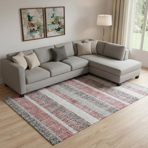 HomeRoots 10' Burgundy and Gray Striped Washable Area Rug with UV Protection - Ideal for Homes with Kids & Pets! 718593