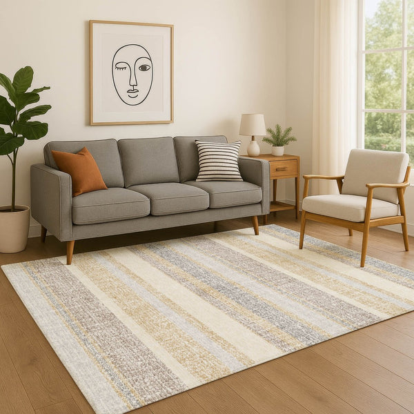HomeRoots 8' Gold and Beige Striped Washable Round Rug – Durable, UV-Protected, Ideal for High-Traffic Areas 718596