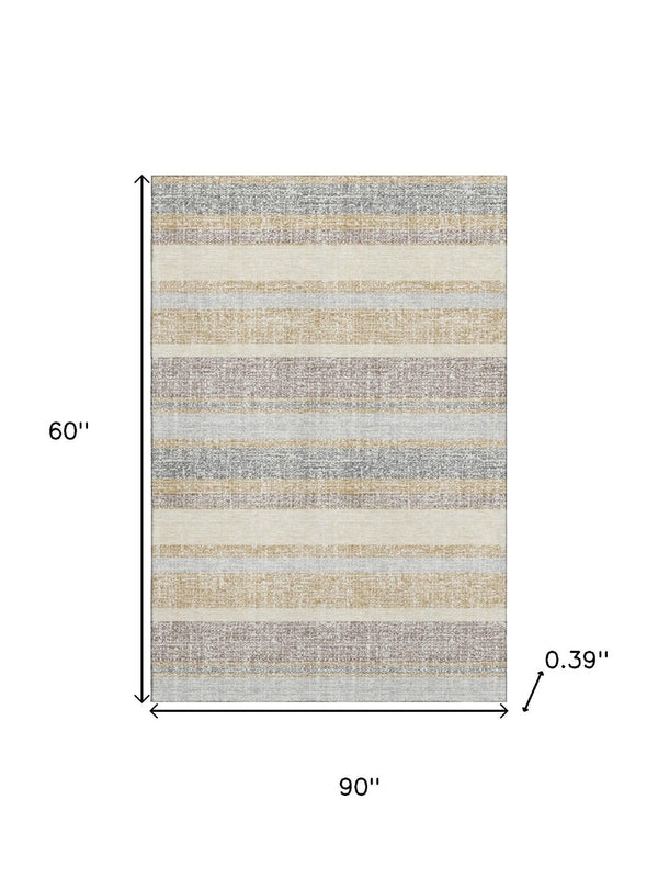 HomeRoots 8' Gold and Beige Striped Washable Round Rug – Durable, UV-Protected, Ideal for High-Traffic Areas 718596