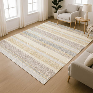 HomeRoots 8' Gold and Beige Striped Washable Round Rug – Durable, UV-Protected, Ideal for High-Traffic Areas 718596