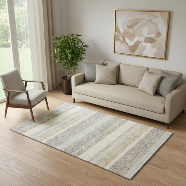 HomeRoots 8' Gold and Beige Striped Washable Round Rug – Durable, UV-Protected, Ideal for High-Traffic Areas 718596